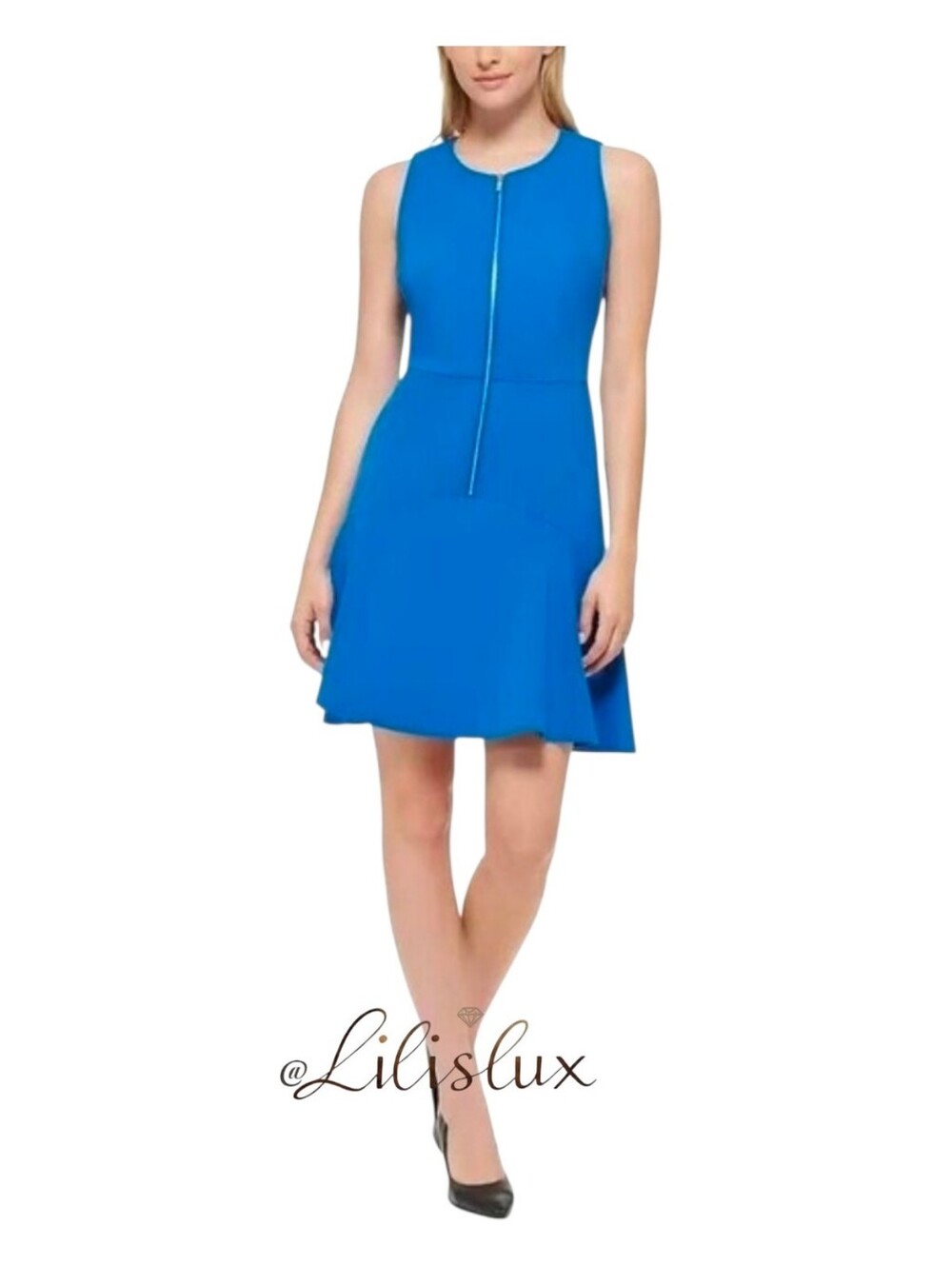 Karl Lagerfeld Womens Zip Front Scuba Crepe A-line Dress blue 14 EUC